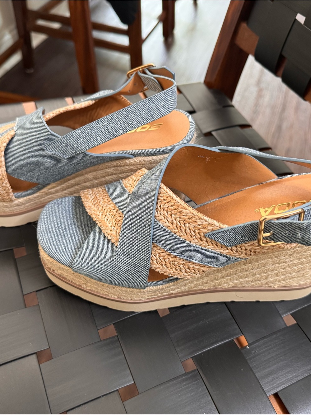 Soda Denim Blue Wedge Espadrille Sandals with Braided Straw Detail